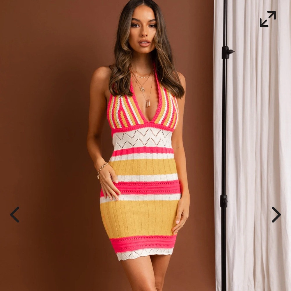 Selfie Leslie Ribbed Pink and Yellow Bodycon Mini Dress